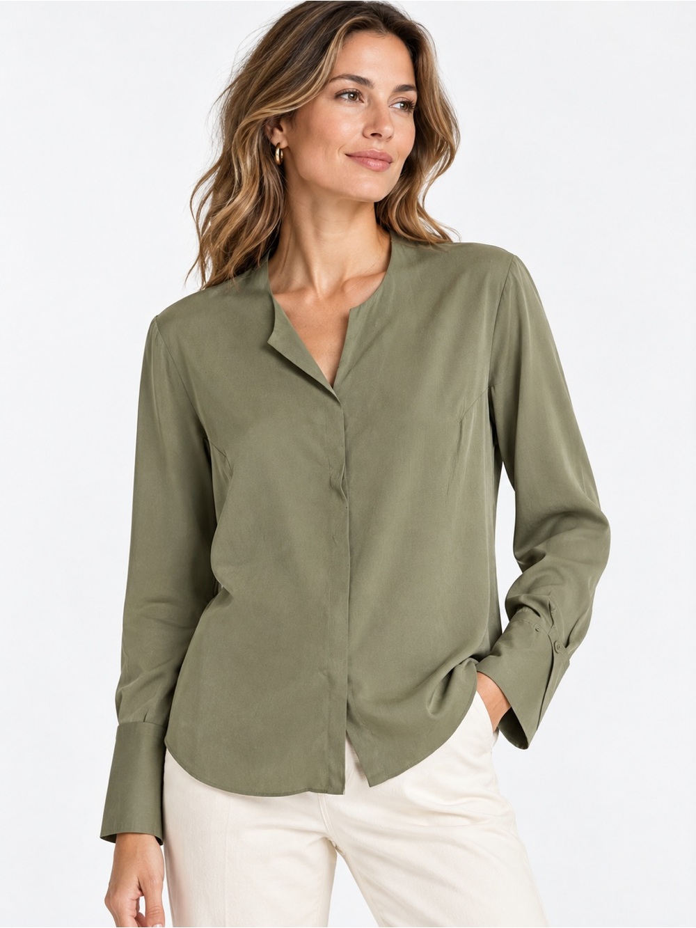 Brunello Cucinelli Silk Blouse Top Women L Sage Green Button Front Quiet Luxury